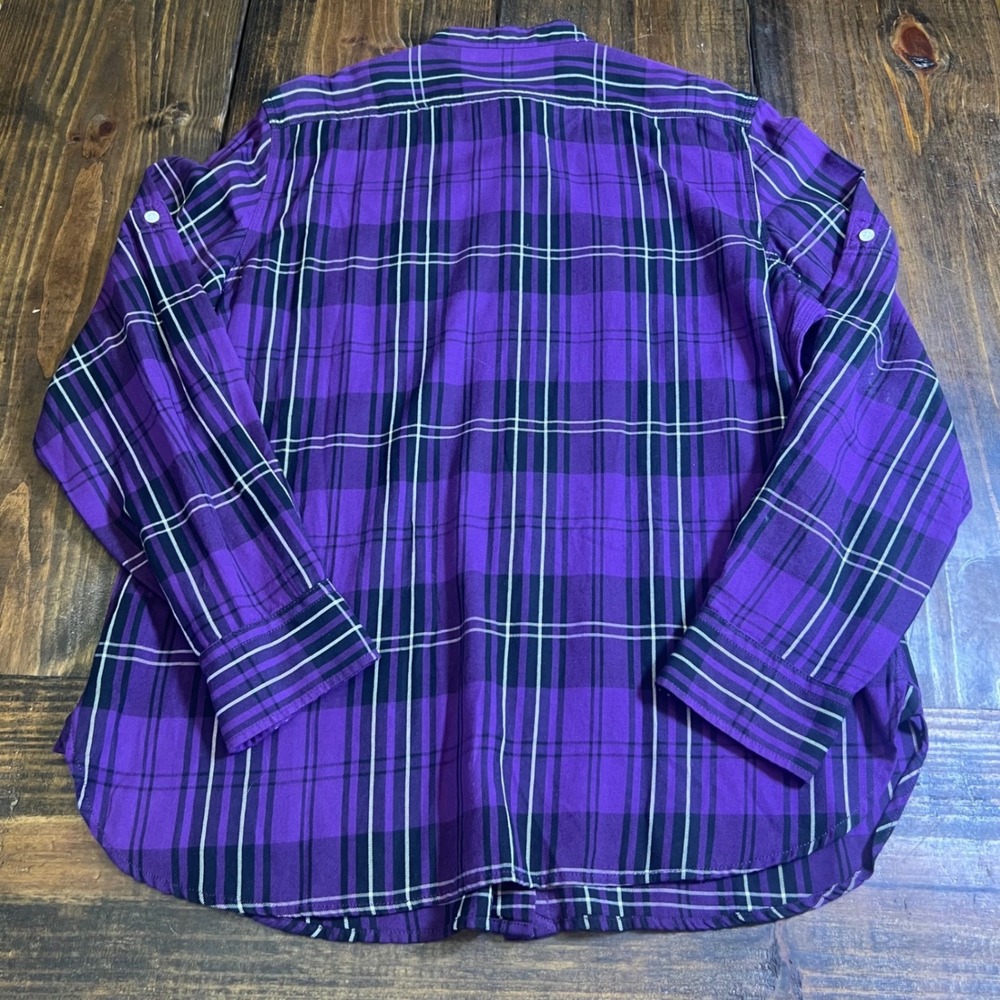 Lauren Jeans‎ Co Ralph Lauren Purple Plaid Band Collar Button Down Shirt Large - Picture 7 of 7